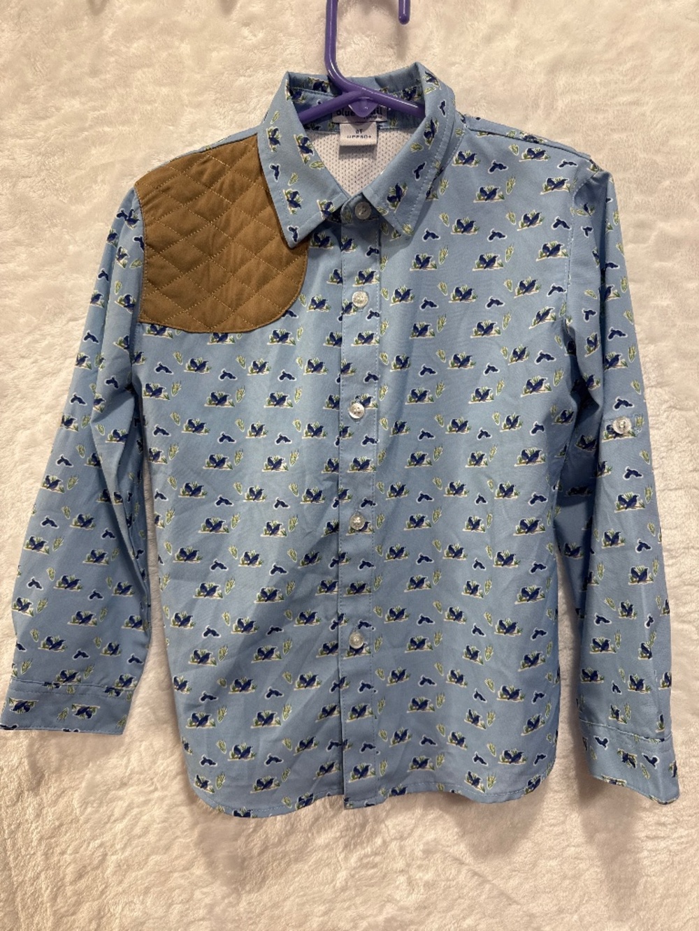 Blue Quail Shirt Woodblock Long Roll Tab Sleeve Kids Boys Size 4T UPF 50+
